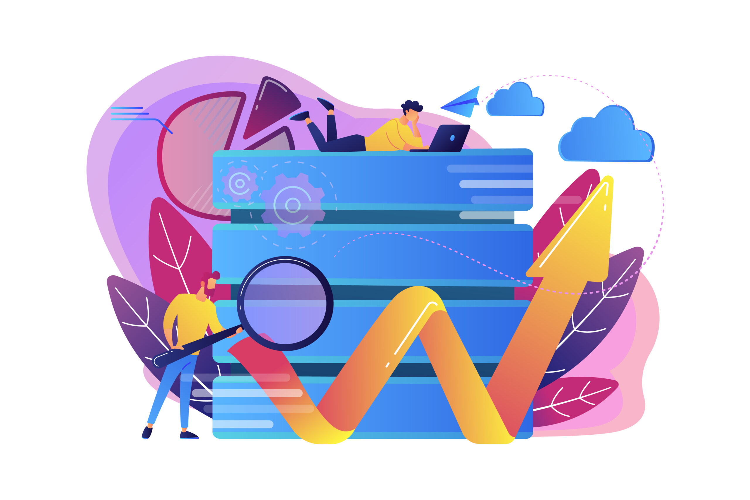 Developer with magnifying glass working with big data and zigzag arrow. Digital analytics tools, data storage and software engineering concept, violet palette. Vector isolated illustration.