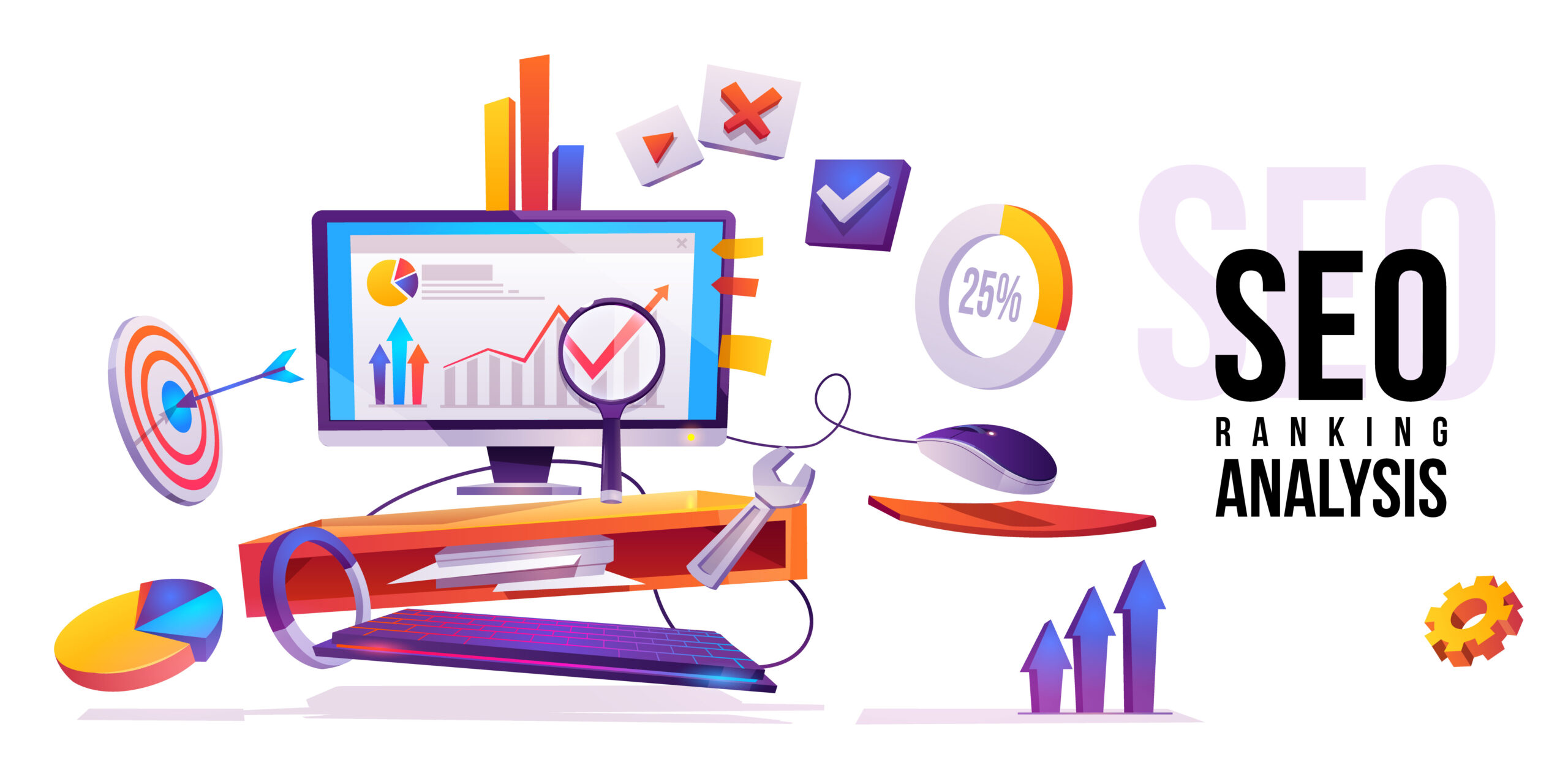 SEO ranking analysis banner. Technology for internet marketing and digital business content. Computer desktop with wrench, magnifier, graphs and media icons around, Cartoon vector illustration, poster