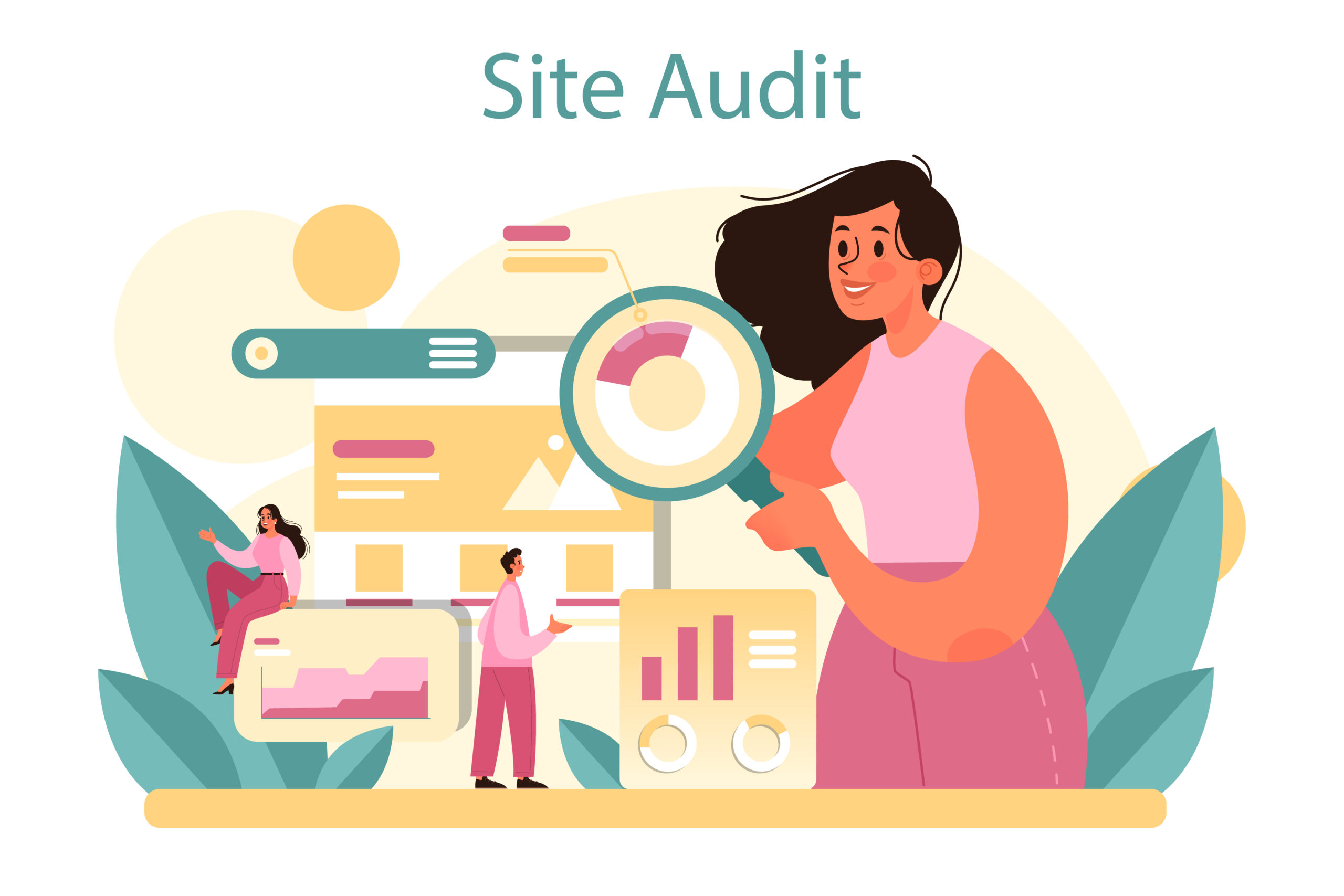 Website audit concept. Web page analysis of website's visibility in search engines. SEO audit, web data analytics. Isolated flat vector illustration